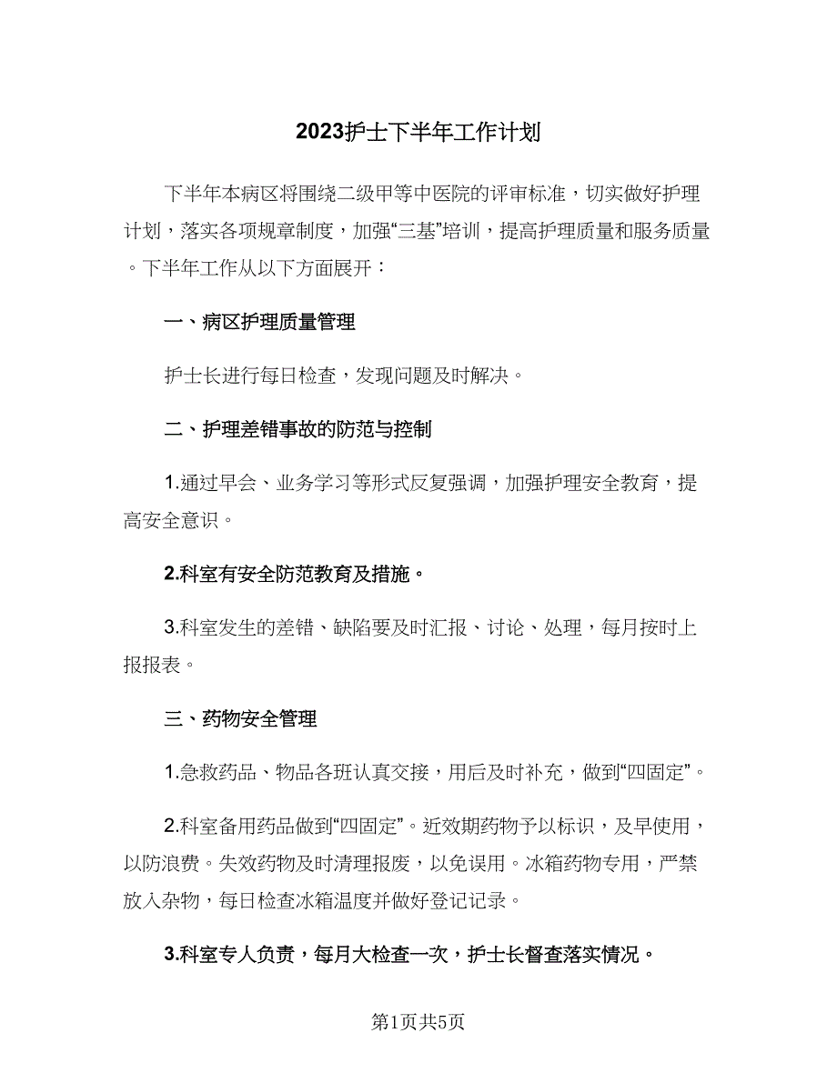 2023护士下半年工作计划（二篇）_第1页