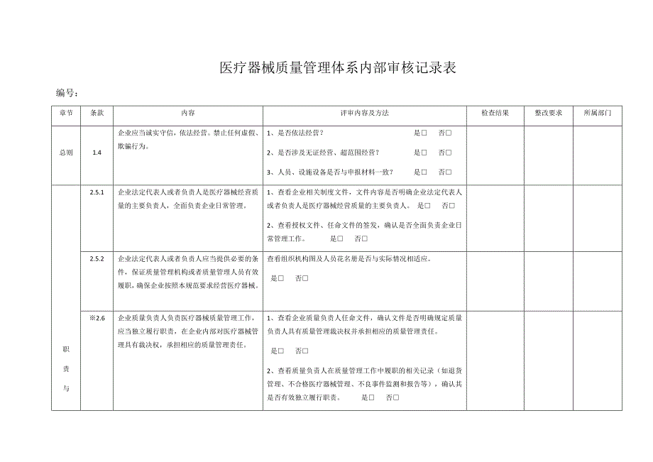 医疗器械质量体系内部审核表.docx_第1页