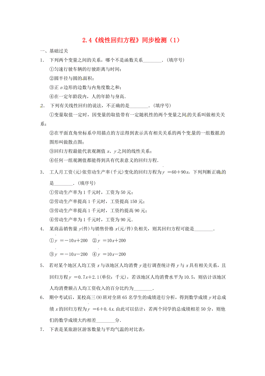 高中数学 2.4《线性回归方程》同步检测（1） 苏教版必修_第1页