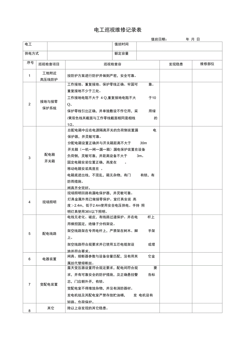 电工巡视维修记录簿表_第1页