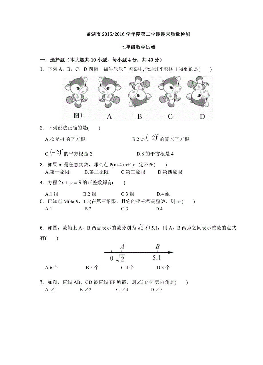 巢湖市学第二学期期末质量检测七年级数学试卷_第1页