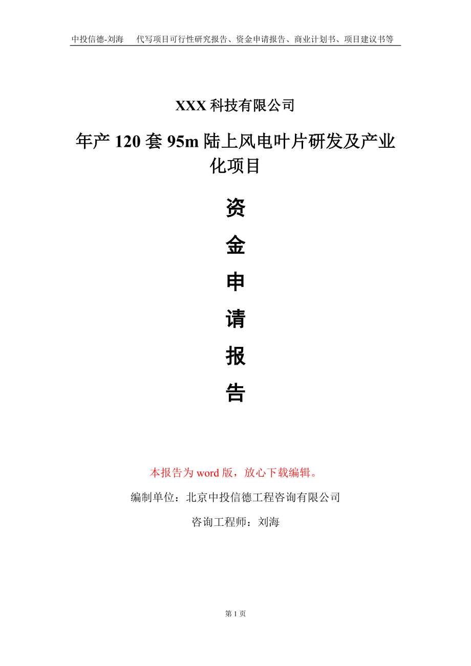 年产120套95m陆上风电叶片研发及产业化项目资金申请报告写作模板_第1页