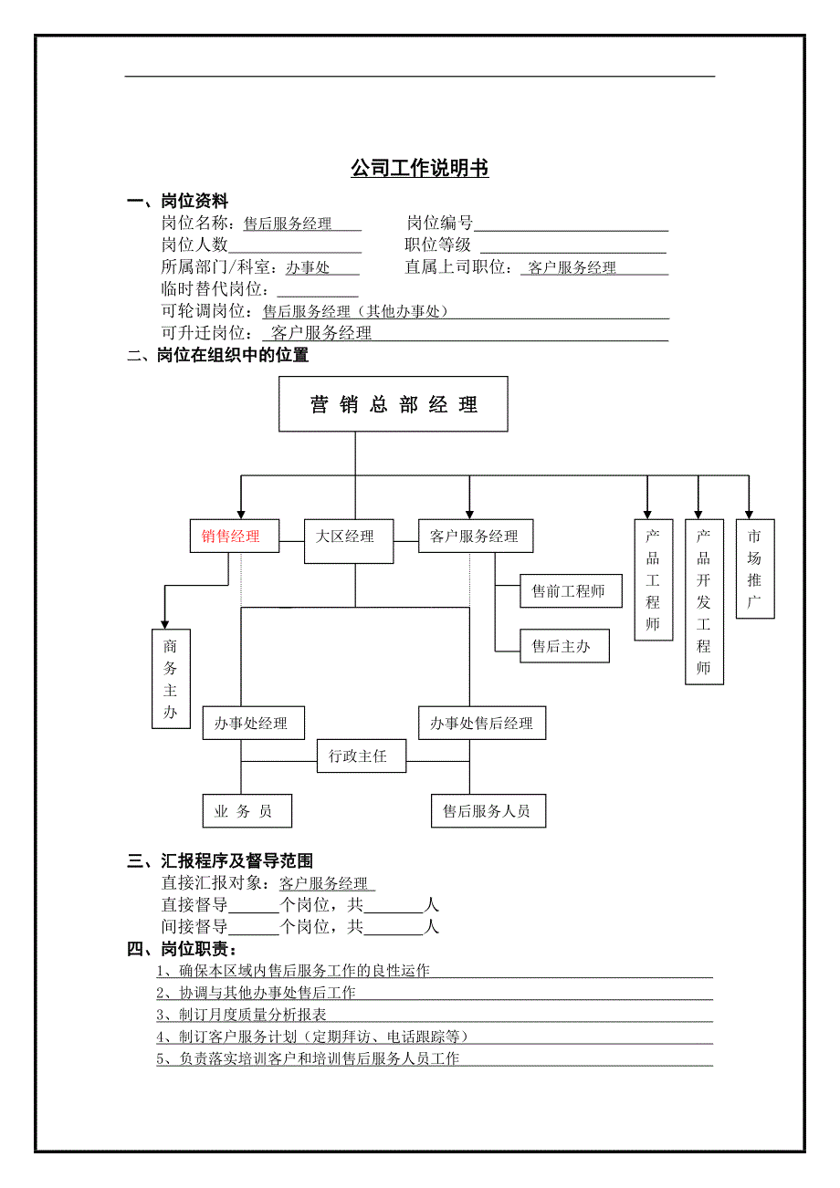 售后服务经理岗位说明书_第1页