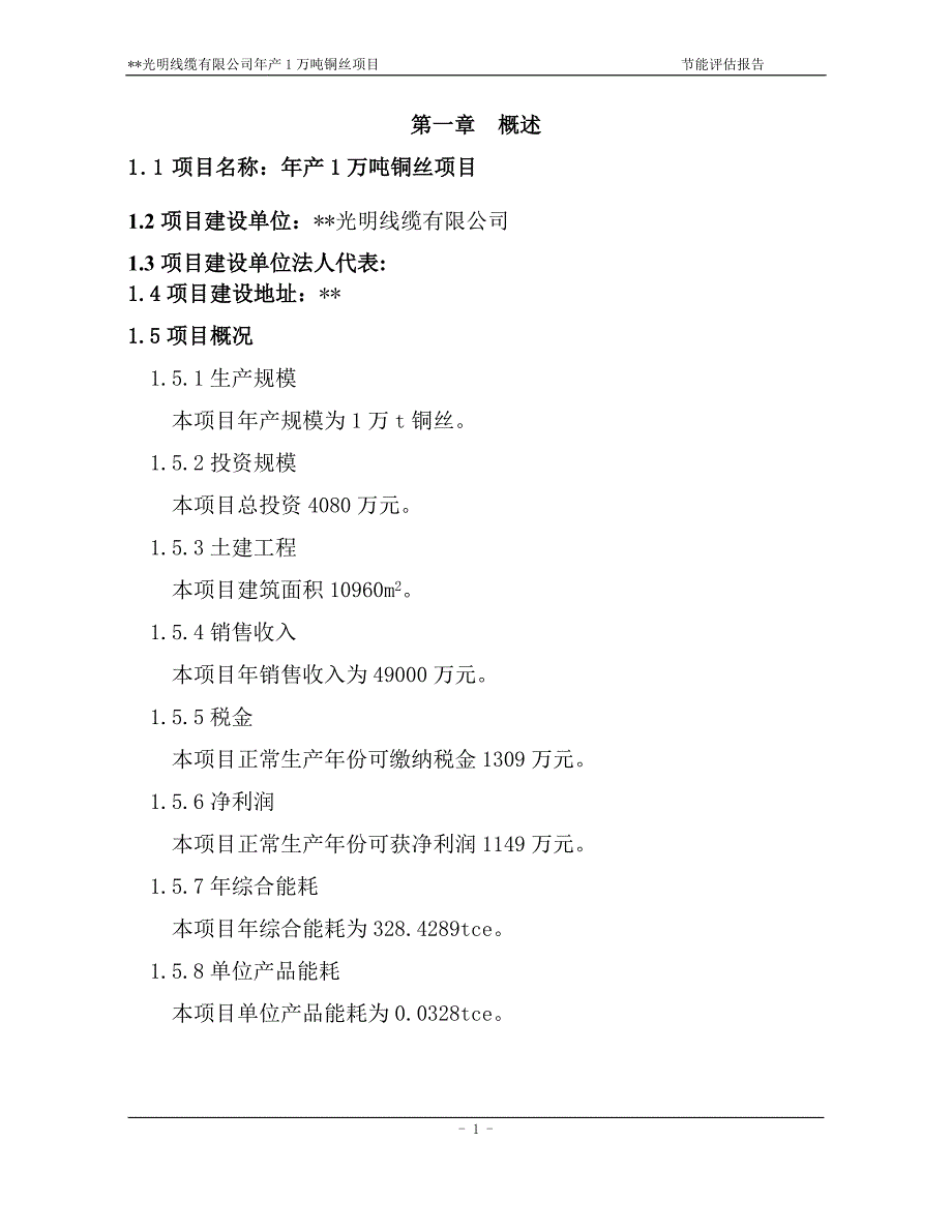 线缆有限公司年产1万吨铜丝项目建设节能评估报告休_第1页