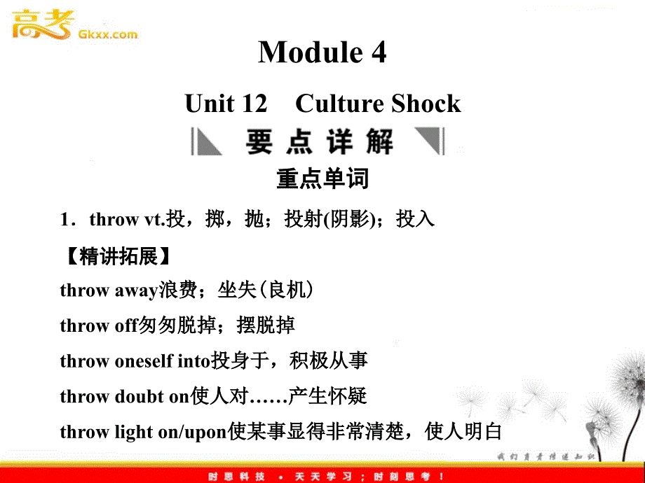 2012届高考英语（北师大版）一轮复习综合训练（课件）：Module 4 Unit 12　Culture Shock_第1页