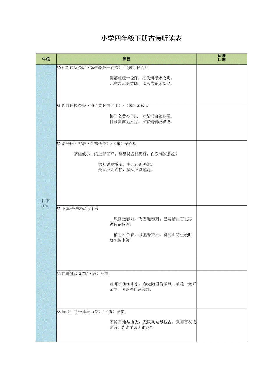 小学四年级下册古诗听读表_第1页