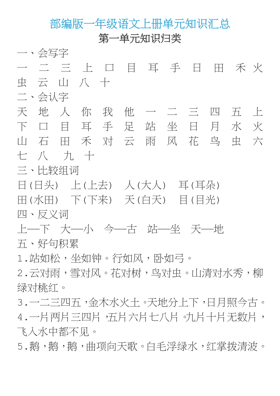 部编版一年级语文上册单元知识汇总_第1页