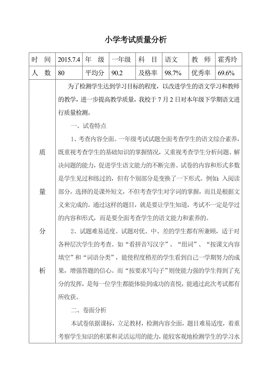 一年级语文下学期期末试卷质量分析_第1页