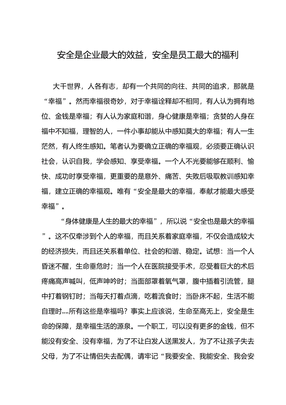 安全是企业最大的效益,安全是员工最大的福利_第1页