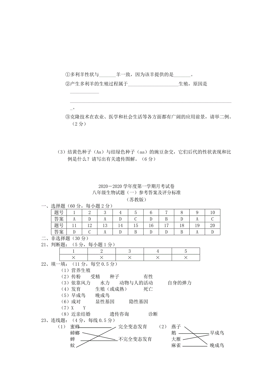 学八年级生物第一学期月考试卷试题一人教新课标版通用_第4页