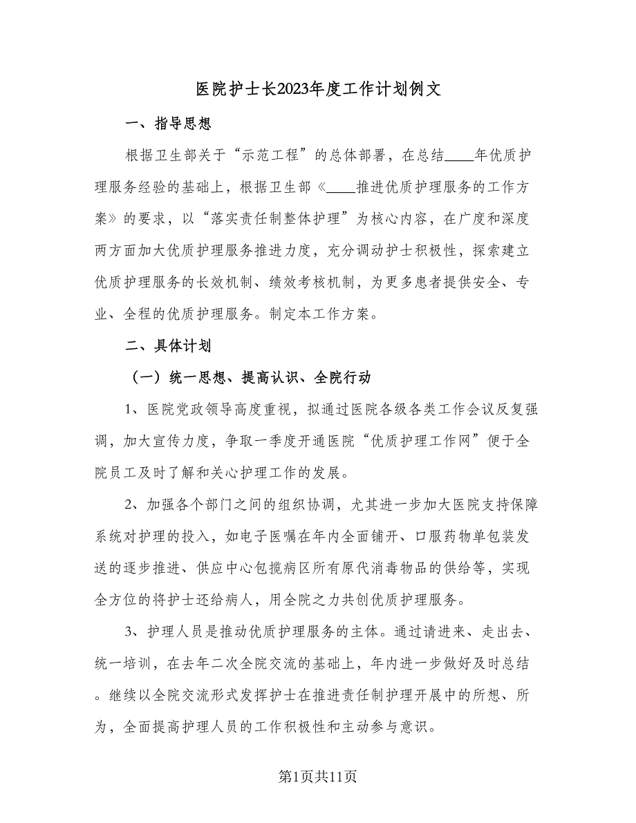 医院护士长2023年度工作计划例文（4篇）_第1页