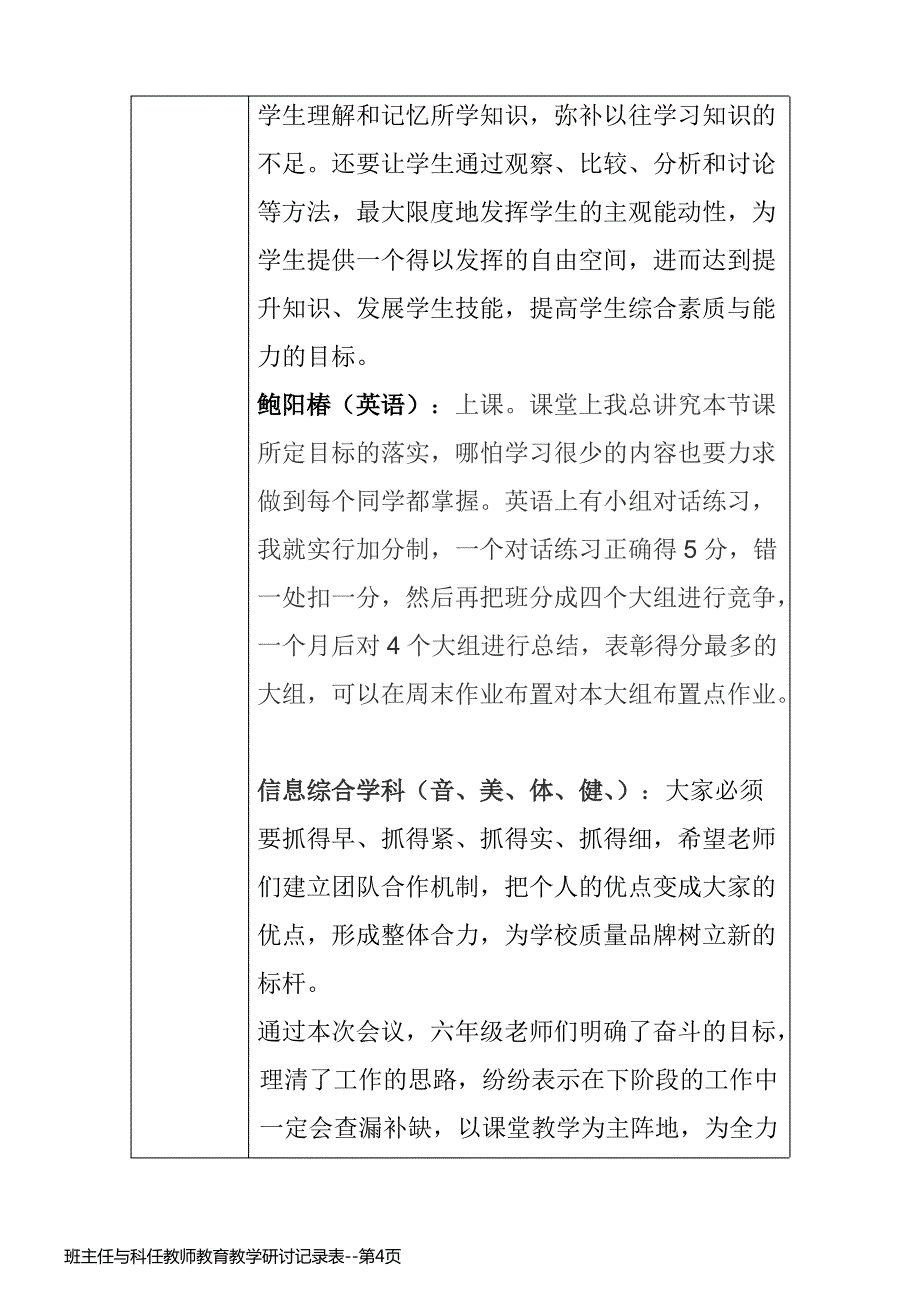 班主任与科任教师教育教学研讨记录表_第4页