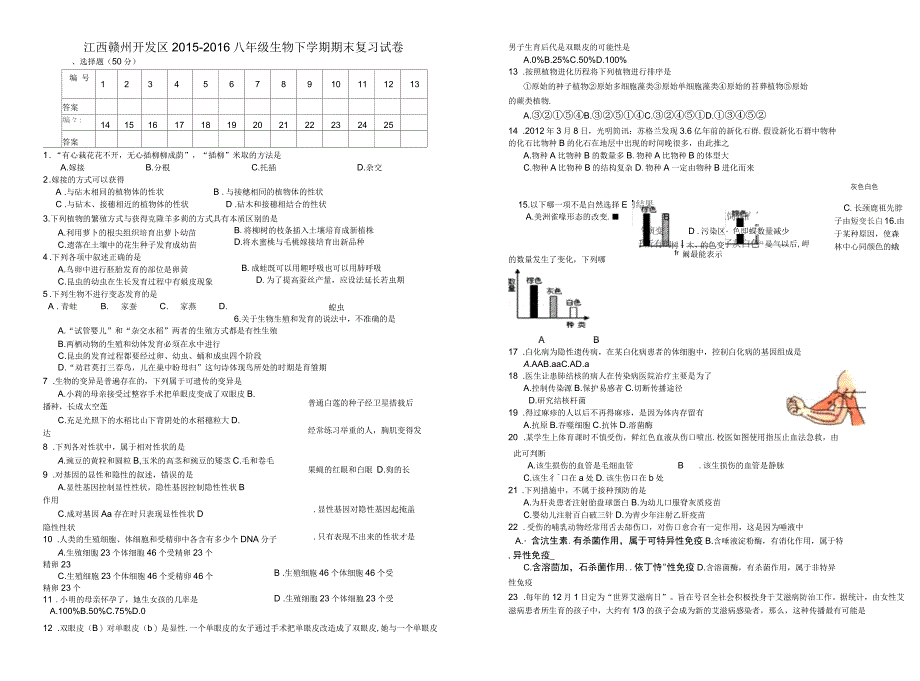 八年级生物下学期期末复习试卷无答案新人教版_第1页