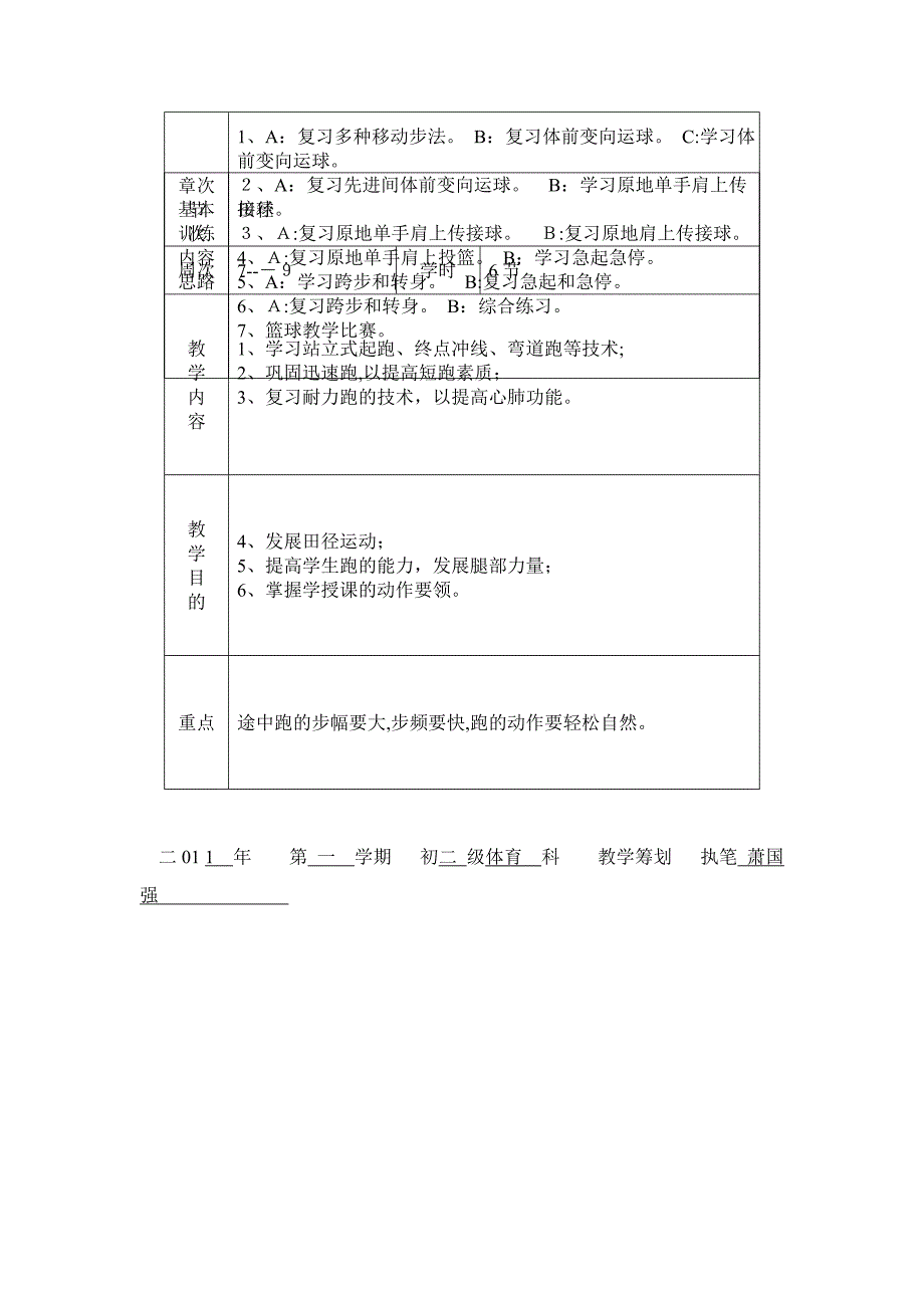 初二第一学期体育单元计划_第4页