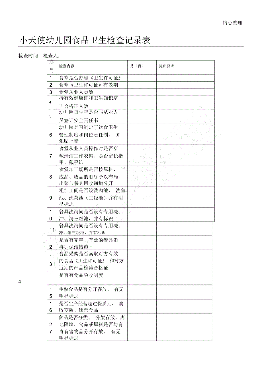 幼儿园食品卫生检查记录表格模板_第1页