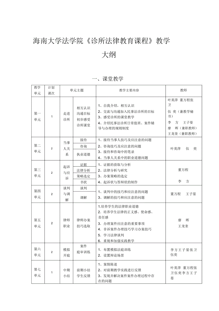 中国人民大学法学院法律诊所课程教学大纲04年-海南大学_第1页