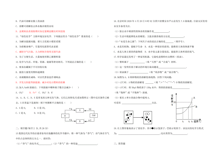海南省屯昌县枫木中学九年级化学第一次模拟测试题答案不全新人教版_第2页
