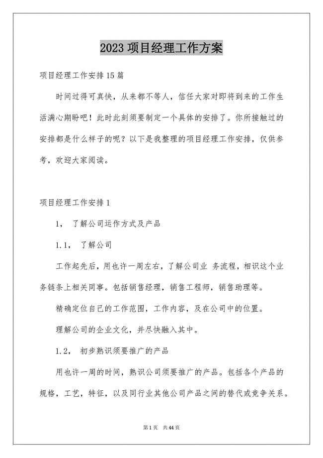 2023年项目经理工作计划1范文.docx