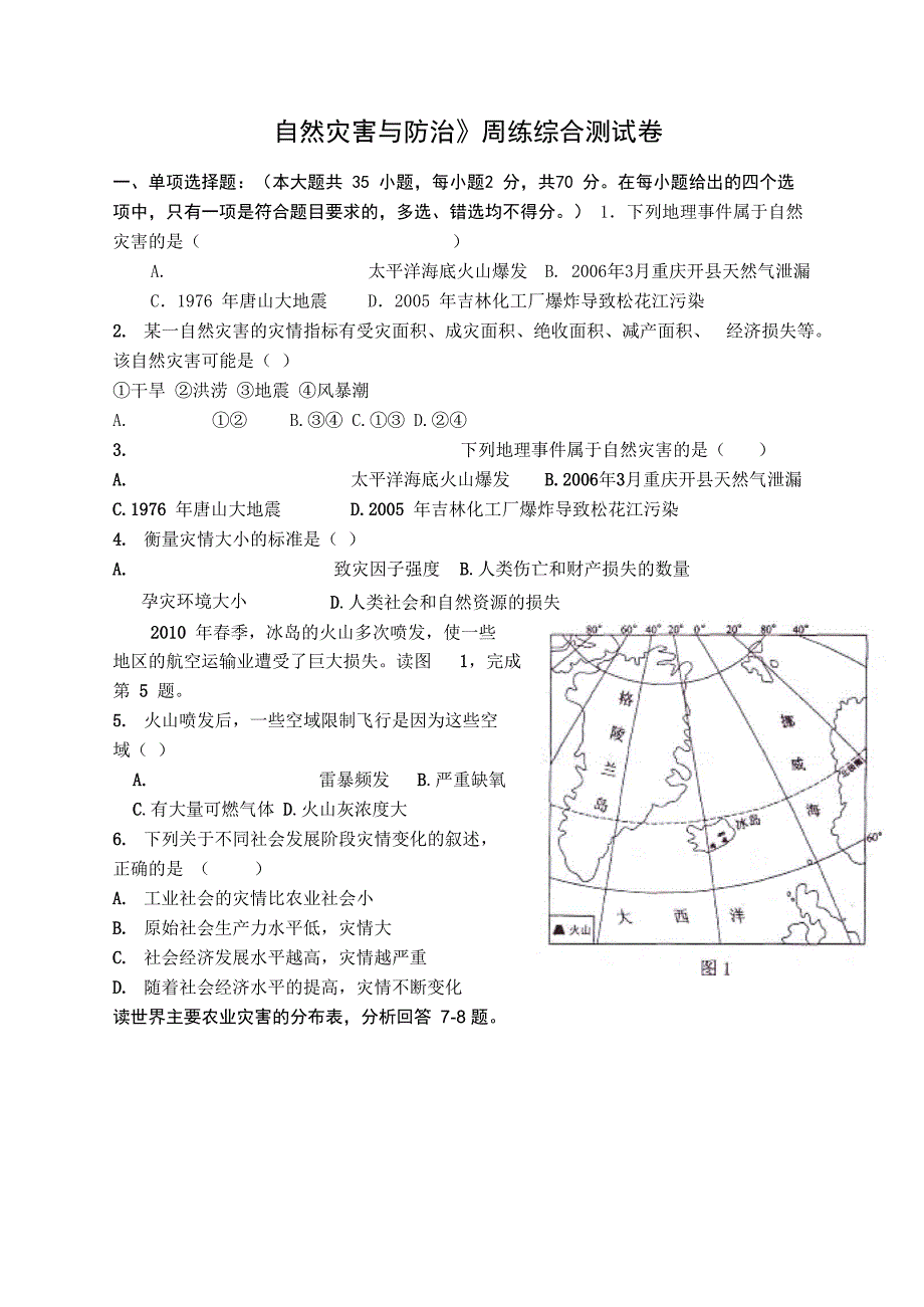 自然灾害与防治综合试题_第1页