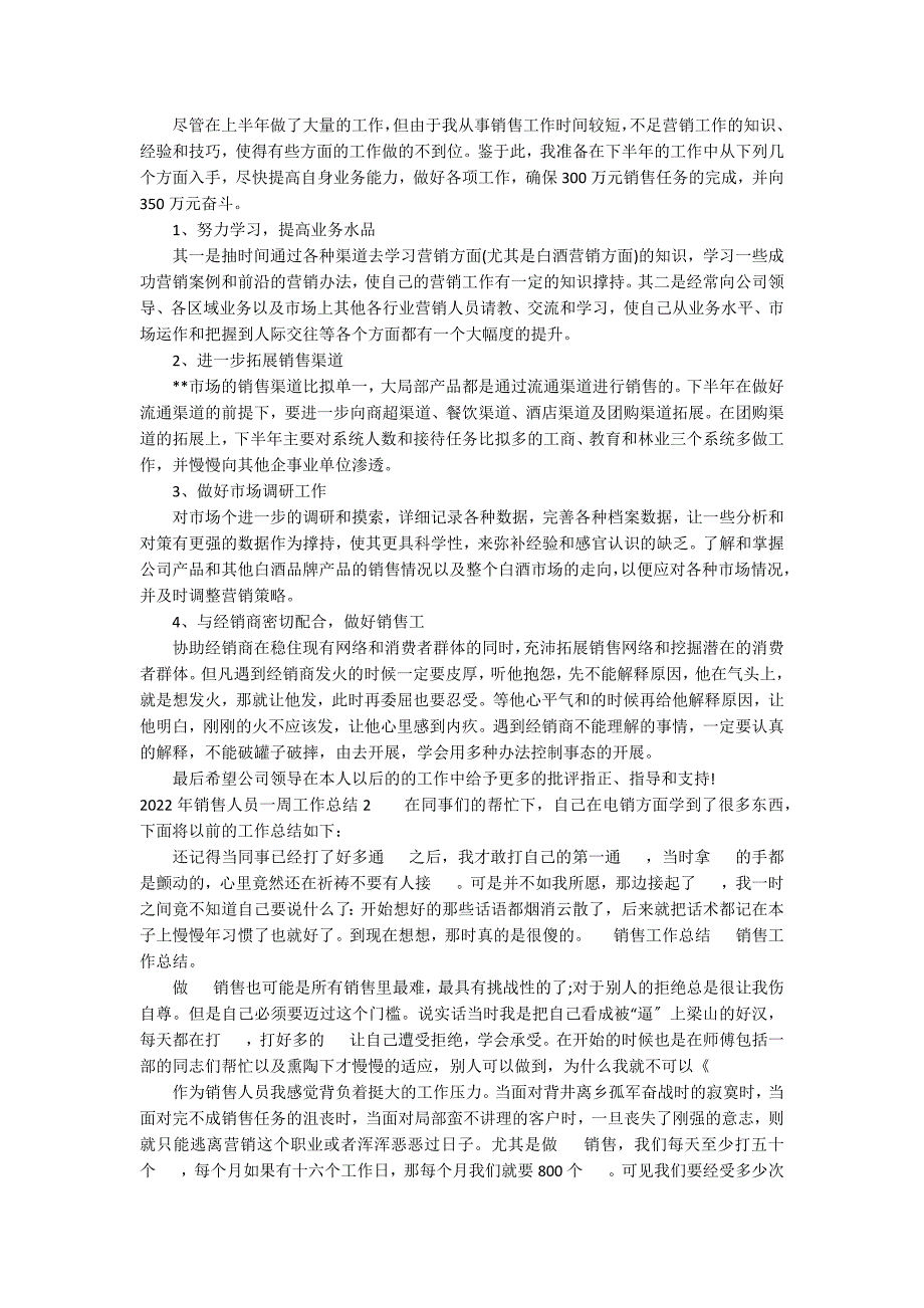 2022年销售人员一周工作总结11篇 销售人员年终总结及年工作计划_第2页