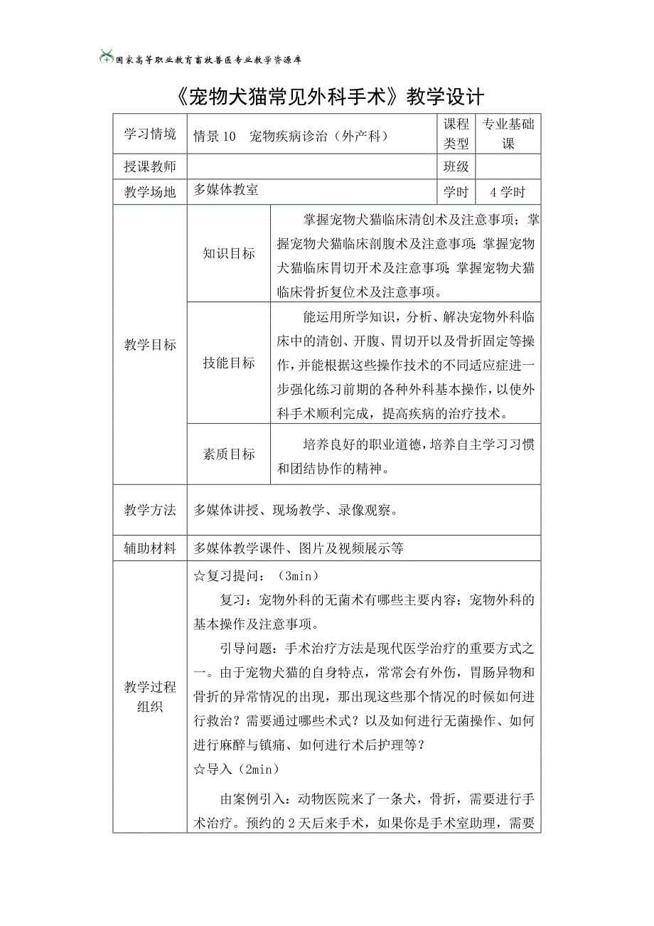 24《宠物犬猫常见外科手术》教学设计_第1页