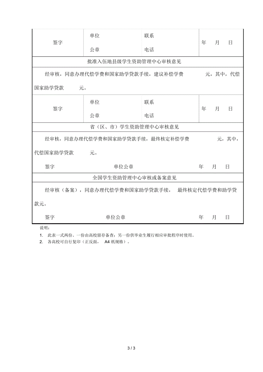 《应征入伍高校毕业生补偿学费代偿国家助学贷款申请表》_第3页