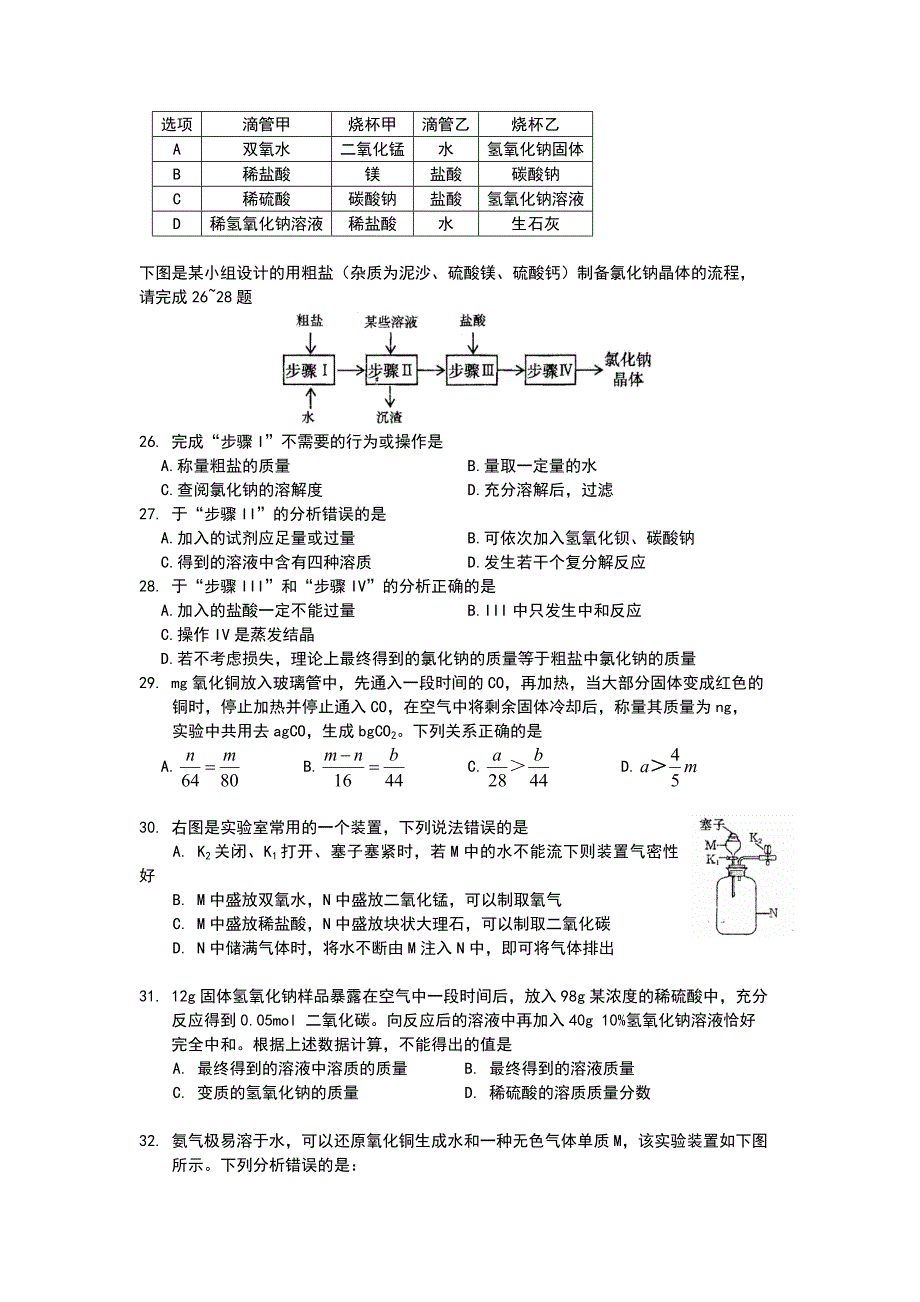 2016年上海市初中学生化学竞赛(天原杯)预赛试题_第4页