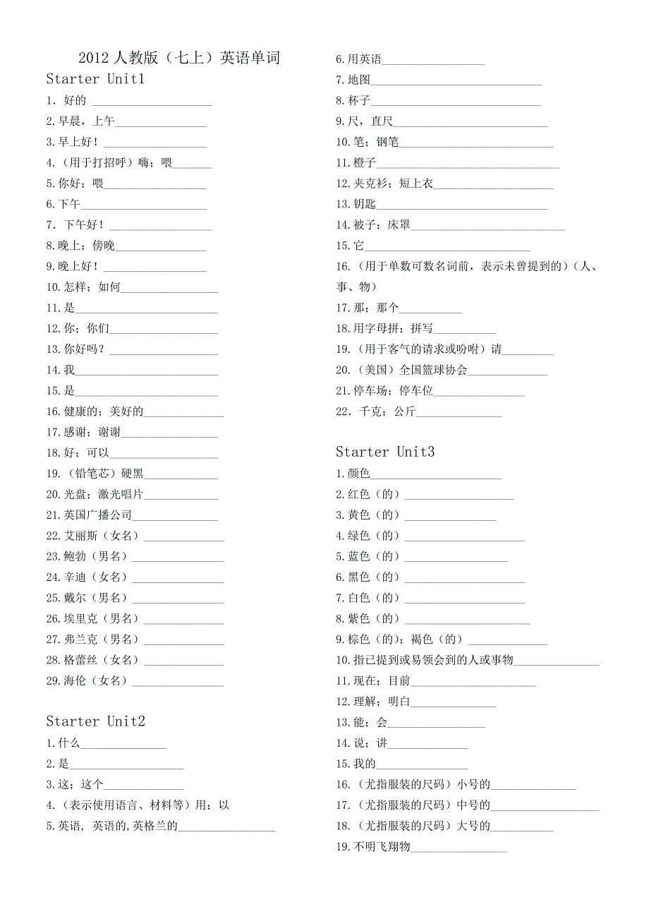 人教版七年级上册单词表默写版_第1页