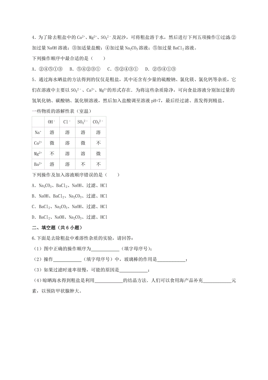 第六章溶解现象基础实验6--粗盐的初步提纯--同步练习含答案-九年级化学下沪教_第2页