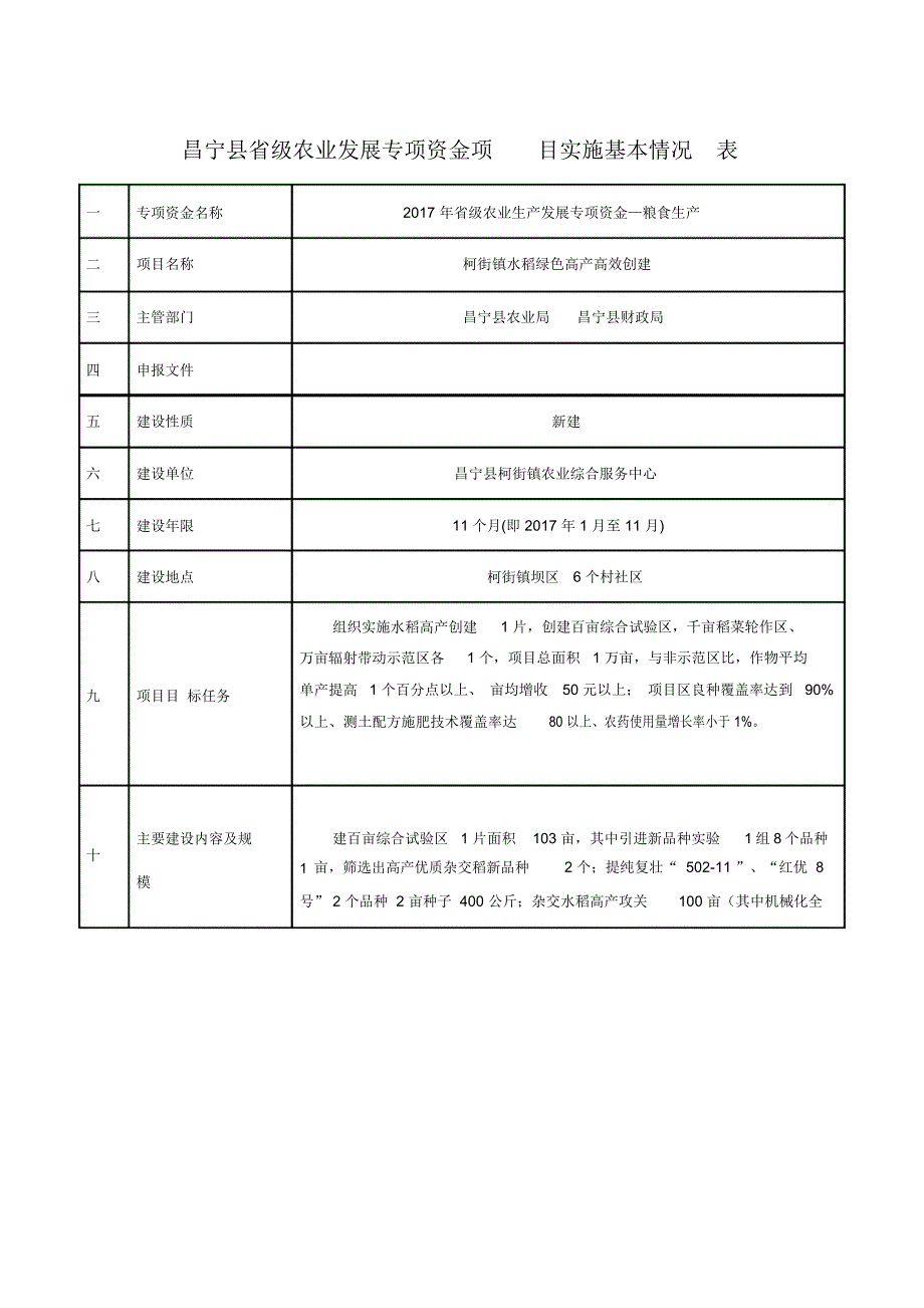 昌宁级农业发展专项资金项目实施基本情况表_第1页