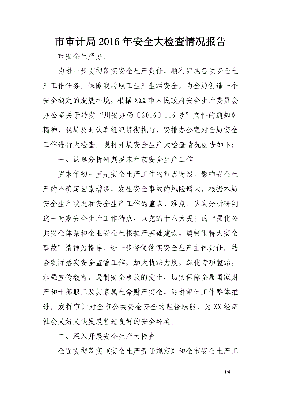 市审计局2016年安全大检查情况报告_第1页