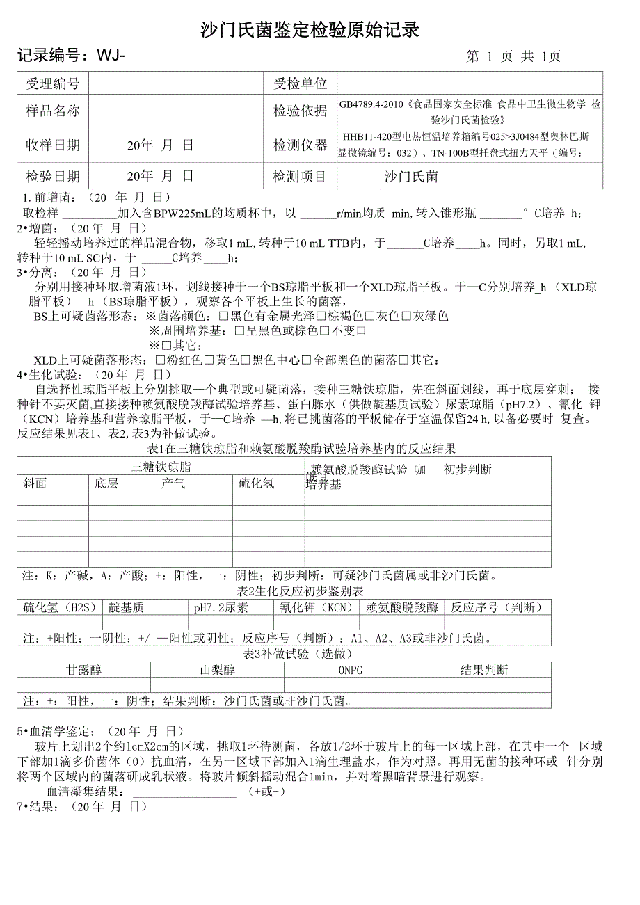 沙门氏菌鉴定检验原始记录_第1页