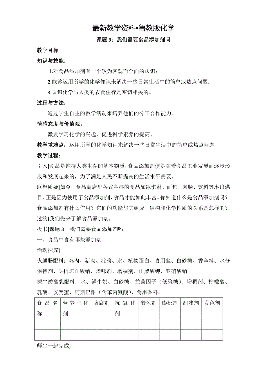 【最新资料】鲁科版高中化学选修一2.3我们需要食品添加剂吗教案_第1页