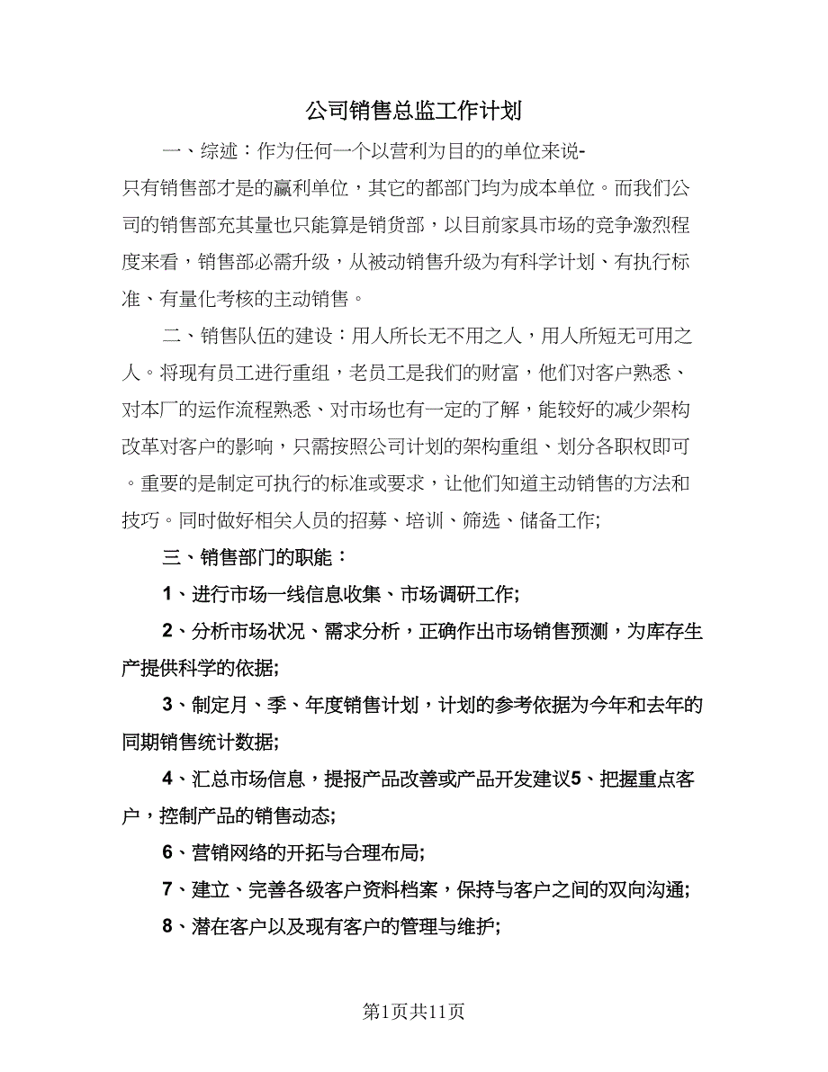 公司销售总监工作计划（四篇）.doc_第1页