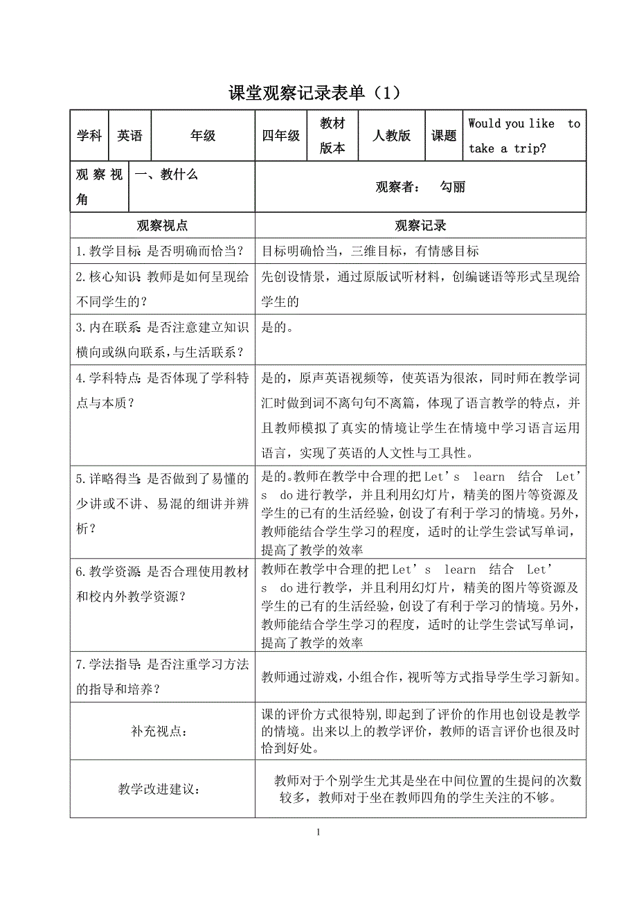 小学英语课堂观察记录表单 (2)_第1页