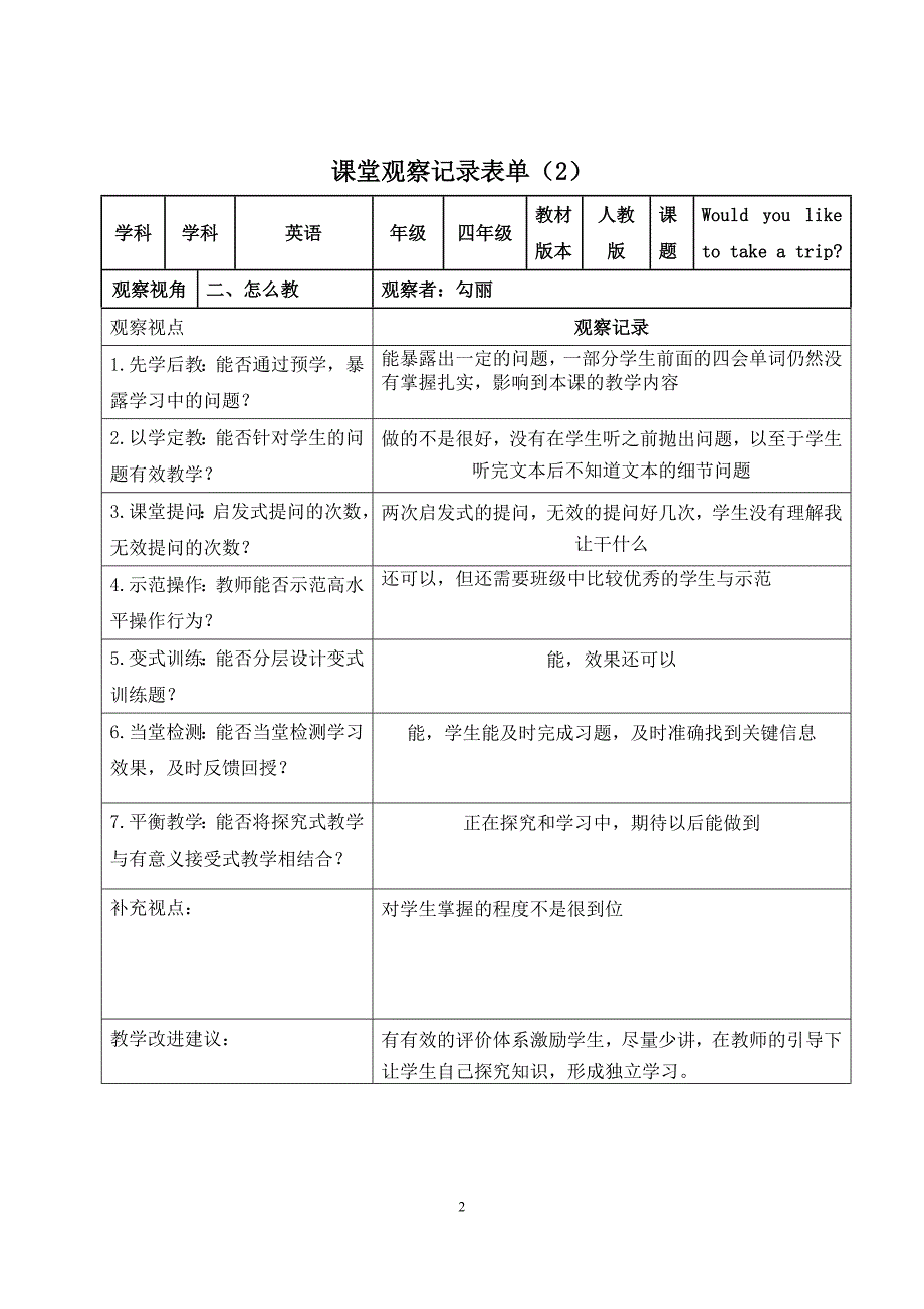 小学英语课堂观察记录表单 (2)_第2页