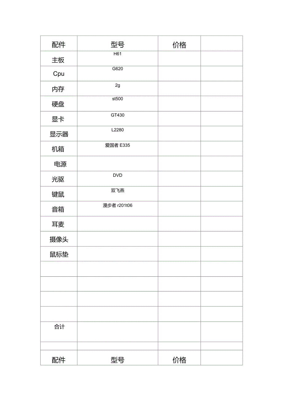 电脑配置单表格_第1页