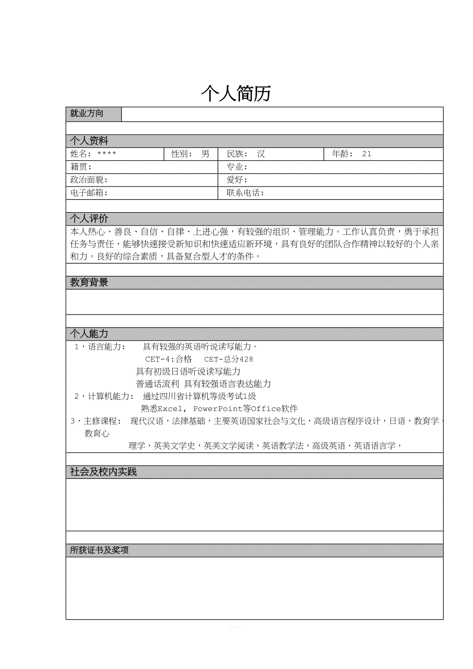 模拟应聘大赛个人简历模板.doc_第2页