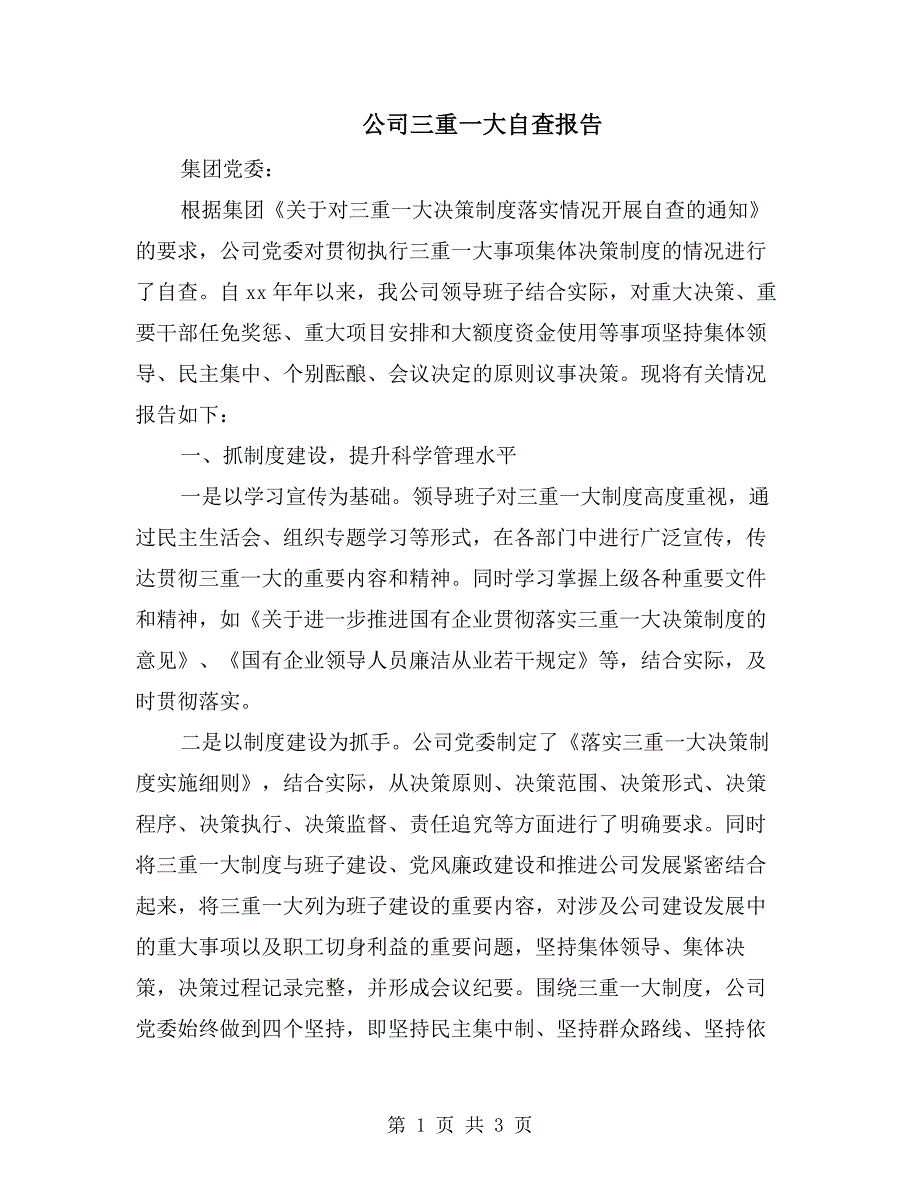 公司三重一大自查报告.doc_第1页