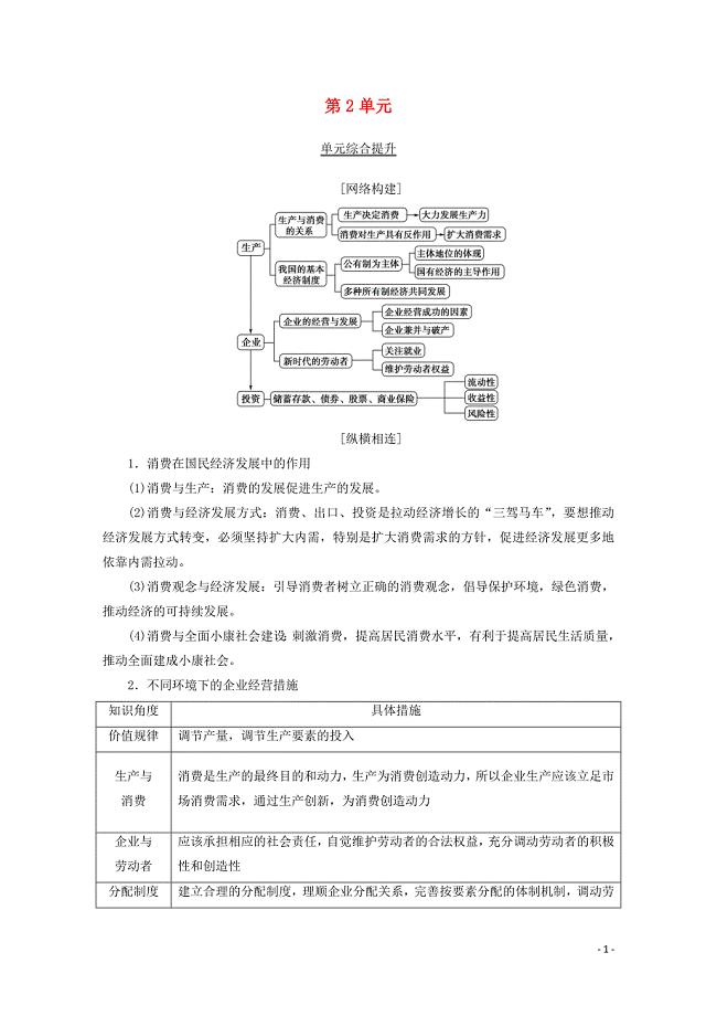 2020版高考政治一轮复习 第2单元 生产、劳动与经营综合提升教学案 新人教版必修1