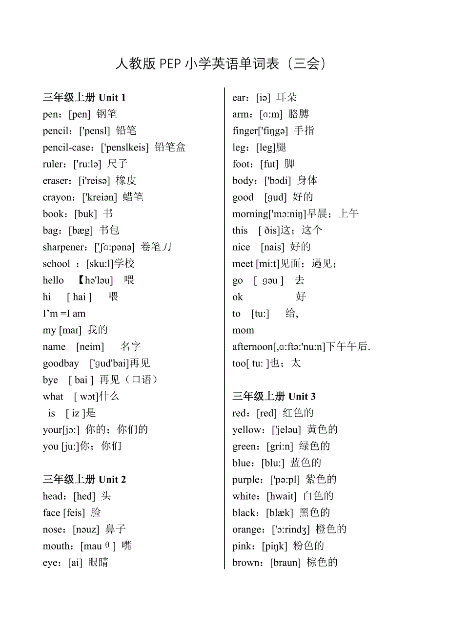 人教版PEP小学英语单词表(三会)_第1页