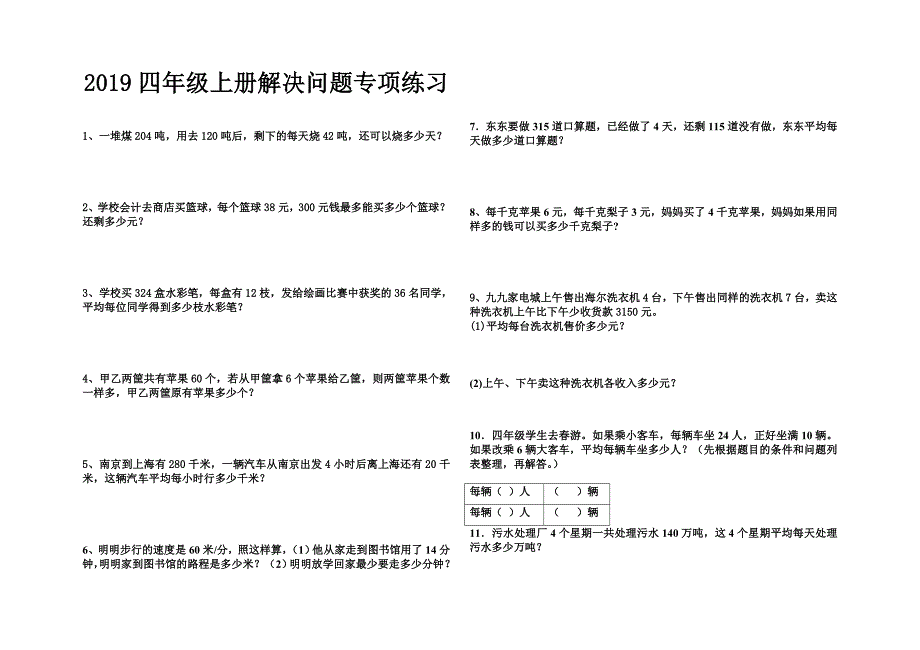 2019四年级上册解决问题专项练习_第1页