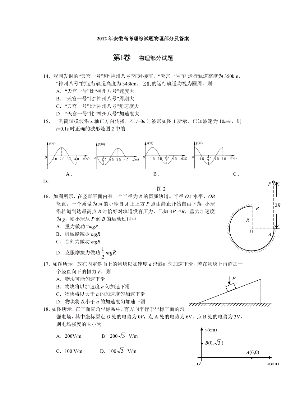 2012年安徽高考理综试题物理部分及答案.doc_第1页