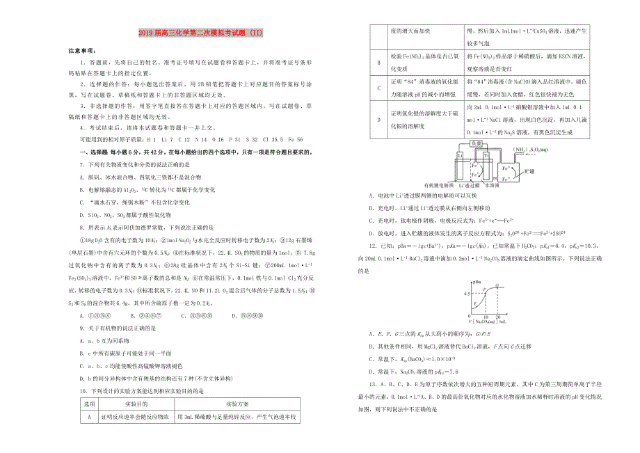 2019届高三化学第二次模拟考试题 (II).doc_第1页