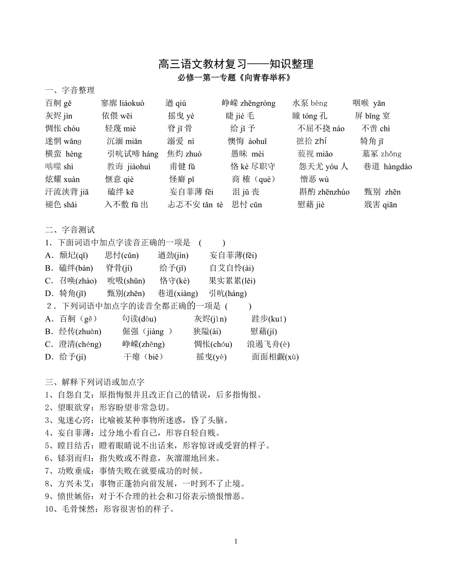 必修一专题一《向青春举杯》_教材复习_第1页