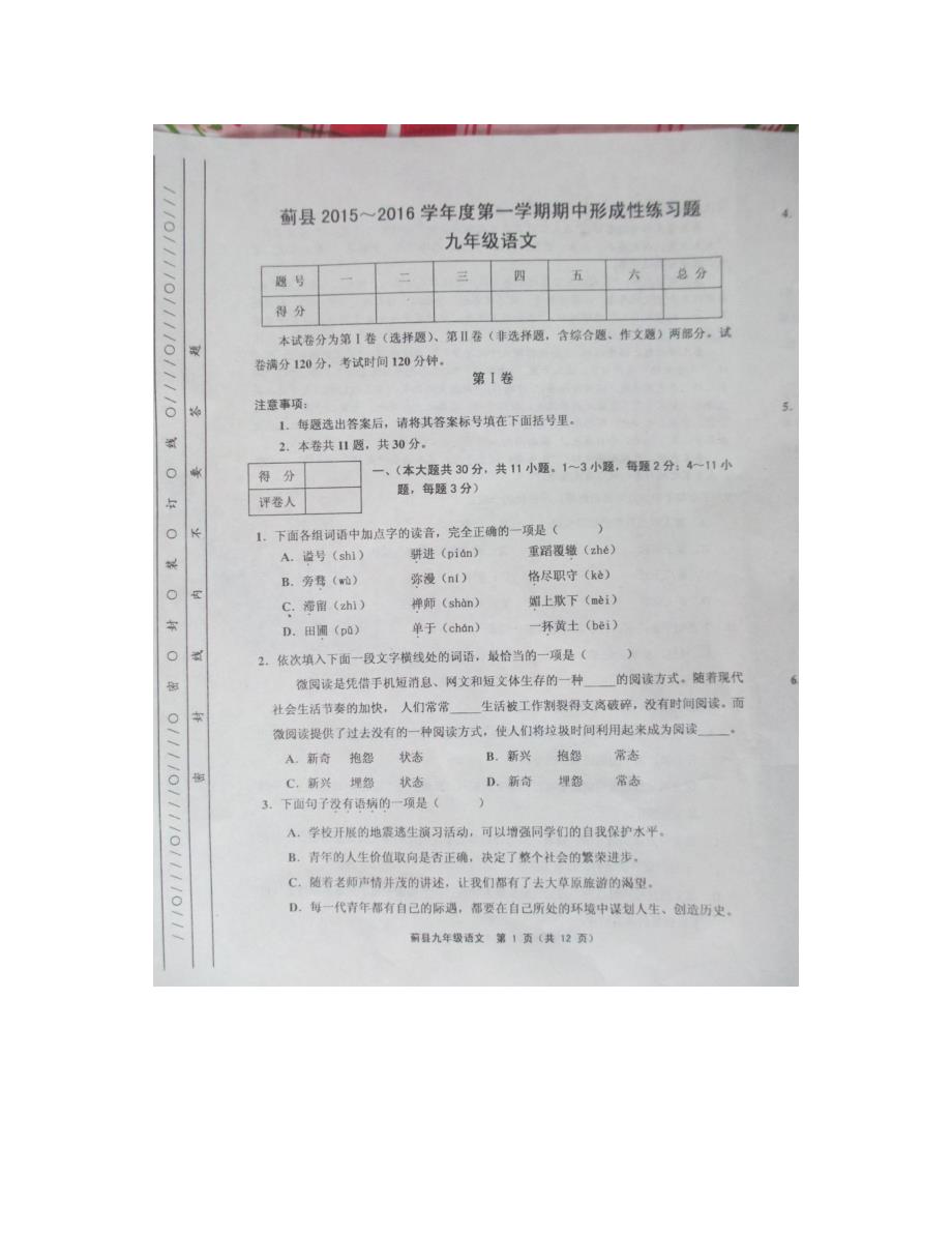 天津蓟县第一学期九年级语文期中试卷及答案_第1页