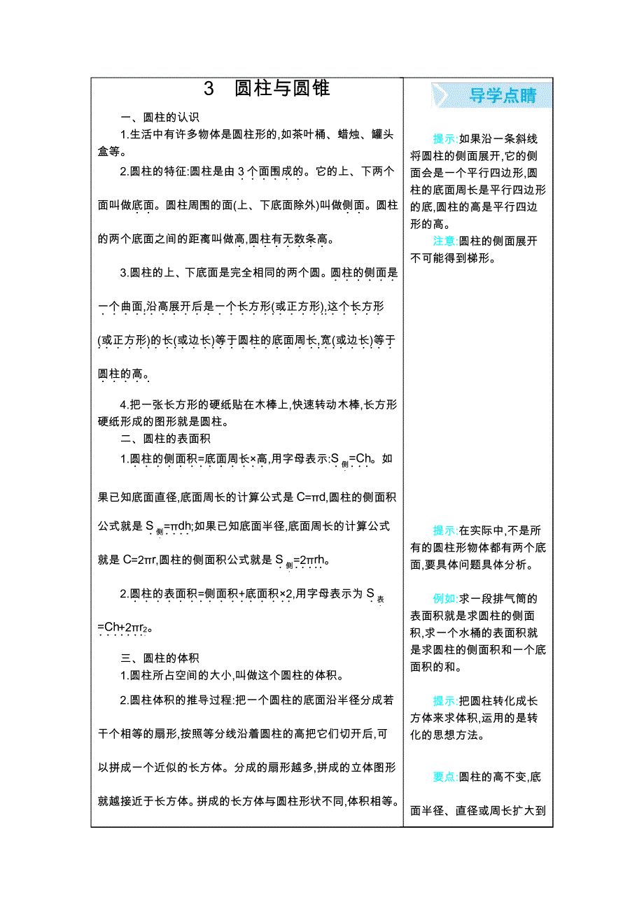 新人教版六年级数学下册《3圆柱与圆锥》单元知识总结9519_第1页