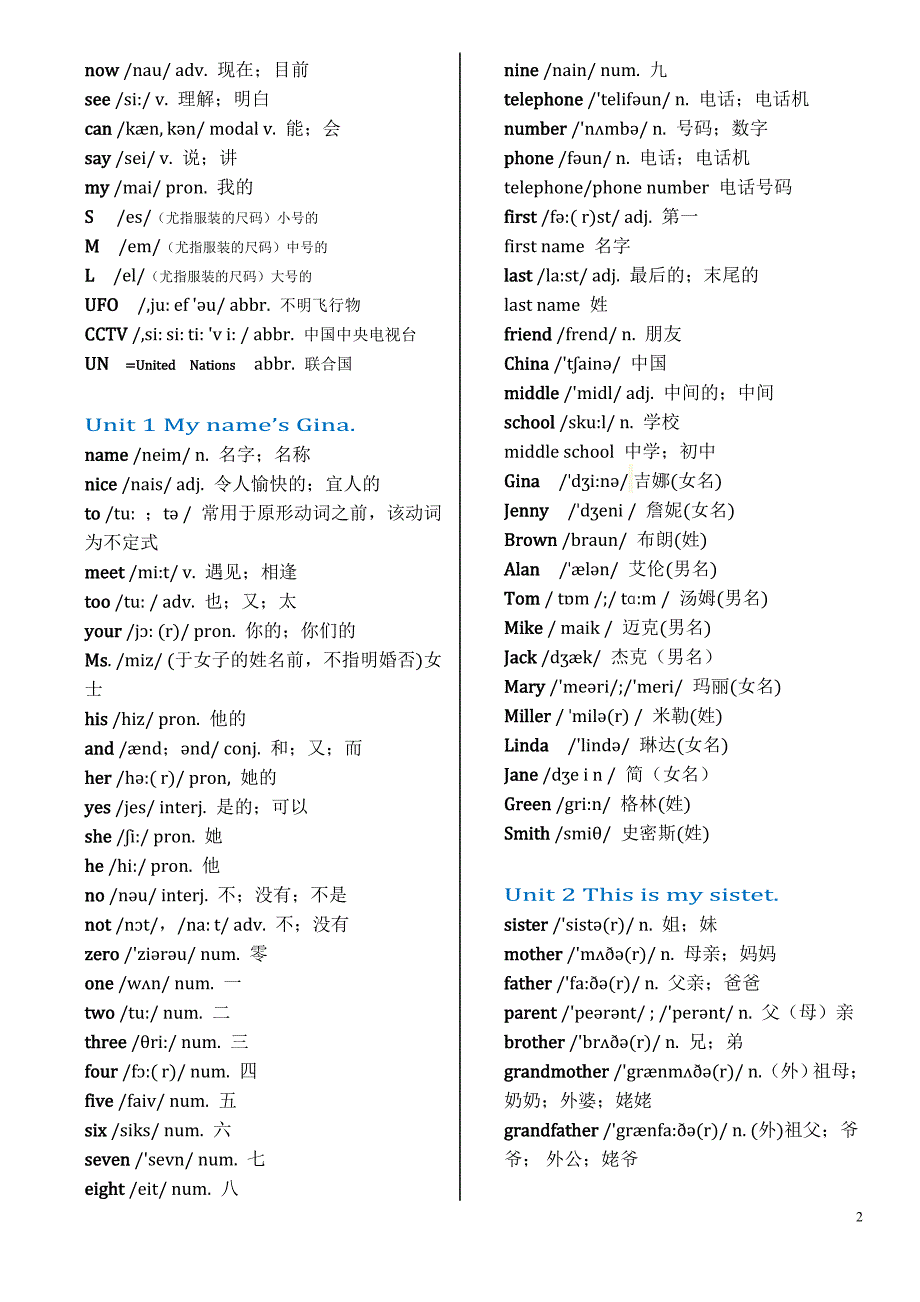 人教版七年级上册英语各单元-单词表(含音标)(全面)2017年版本.doc_第2页