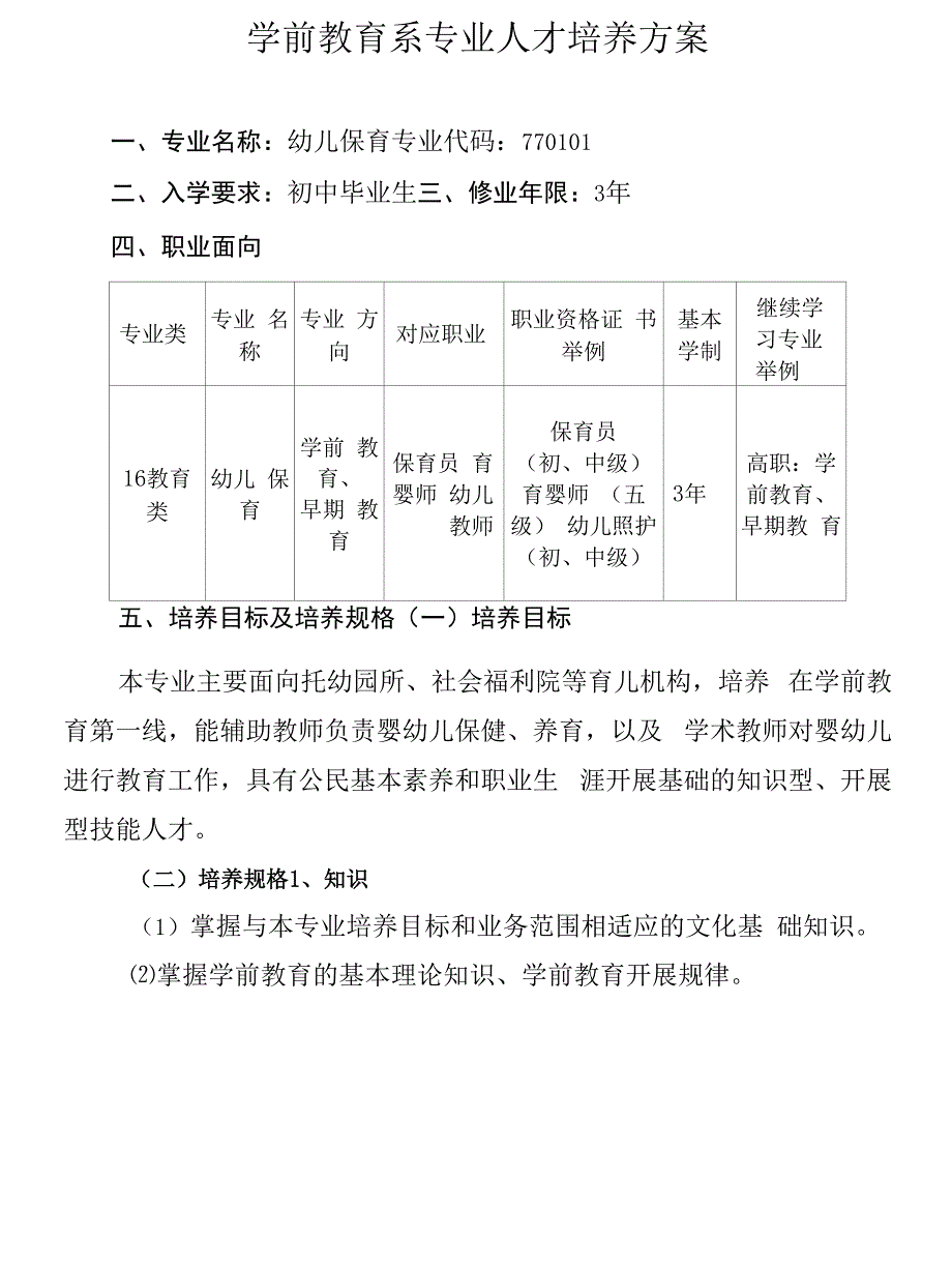 学前教育系专业人才培养方案(中职).docx_第1页