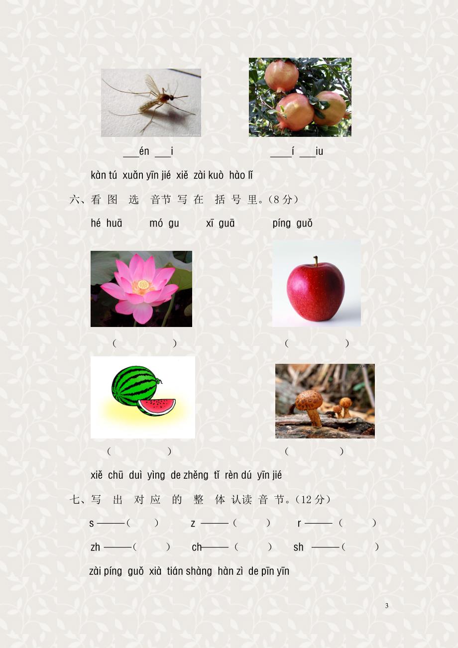 新课标人教版一年级语文上册汉语拼音第二单元测试题(A卷)_第3页